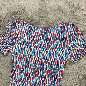 NWT AK Sport Anne Klein Blue and Red Ruched Short Sleeve Blouse Paintbrush S